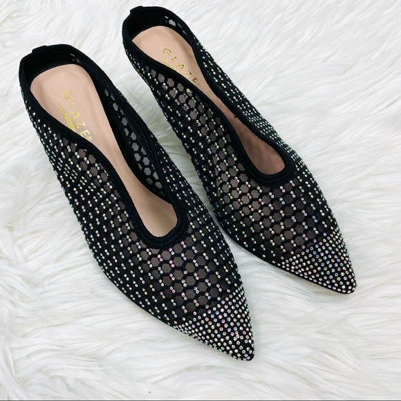 Shoes - Black rhinestoned mesh heel